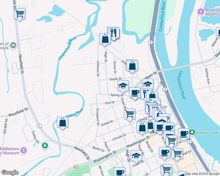 map of restaurants, bars, coffee shops, grocery stores, and more near 114 Spring Street in Middletown