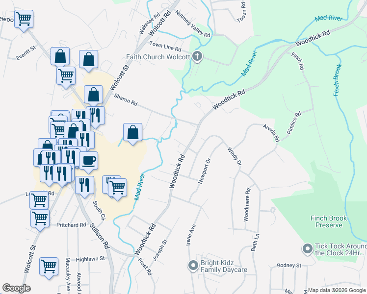 map of restaurants, bars, coffee shops, grocery stores, and more near 809 Woodtick Road in Waterbury