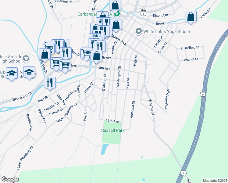 map of restaurants, bars, coffee shops, grocery stores, and more near 198 Terrace Street in Carbondale