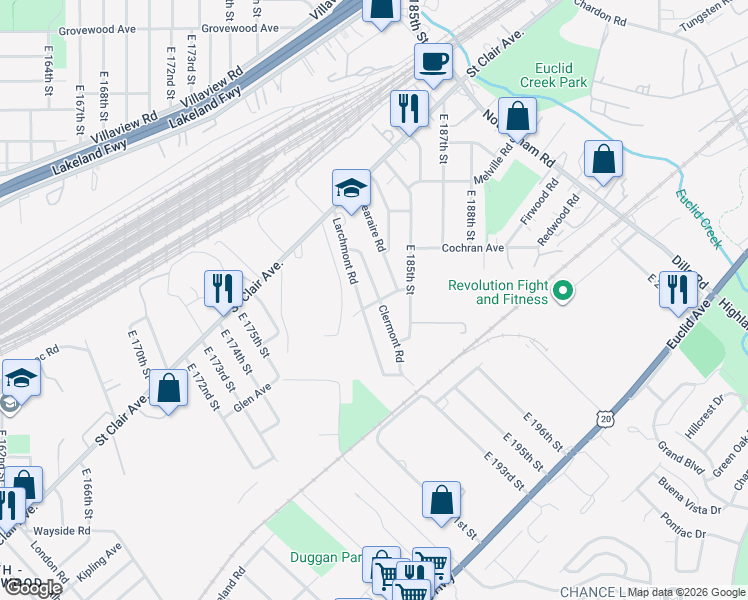 map of restaurants, bars, coffee shops, grocery stores, and more near 1486 Larchmont Road in Cleveland