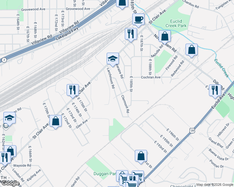 map of restaurants, bars, coffee shops, grocery stores, and more near 1486 Larchmont Road in Cleveland