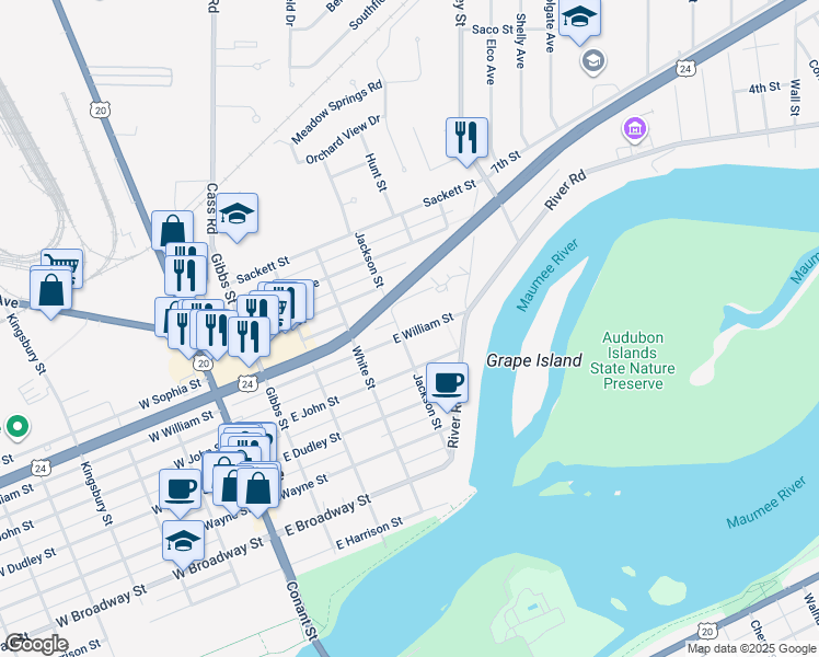 map of restaurants, bars, coffee shops, grocery stores, and more near 426 East William Street in Maumee