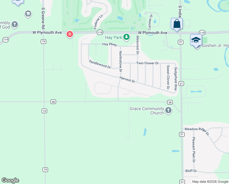 map of restaurants, bars, coffee shops, grocery stores, and more near Northstone Drive in Goshen