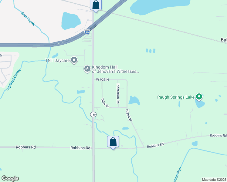 map of restaurants, bars, coffee shops, grocery stores, and more near Plantation Road in Valparaiso