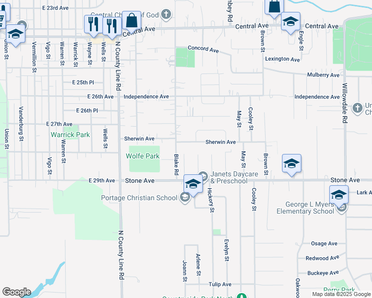 map of restaurants, bars, coffee shops, grocery stores, and more near 2977 Joann St in Portage