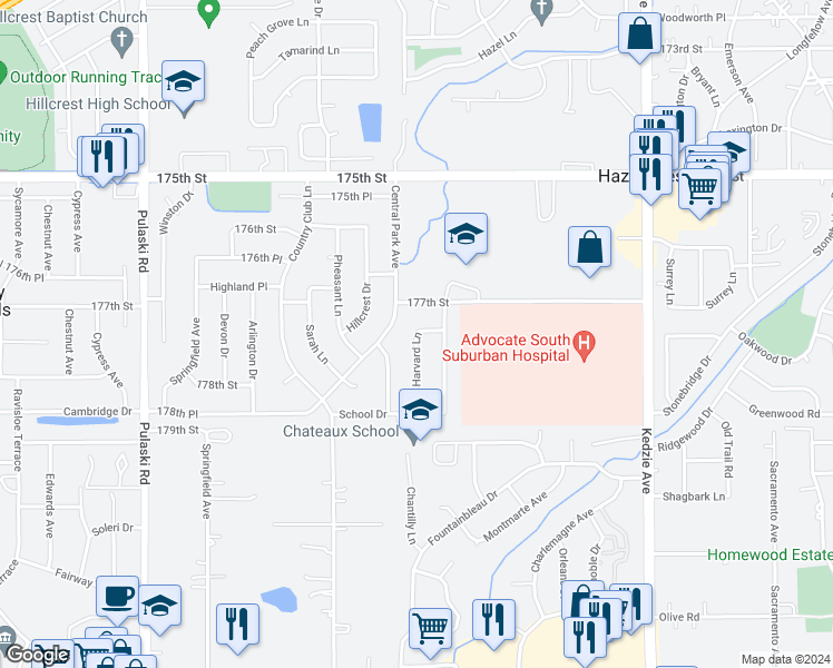 map of restaurants, bars, coffee shops, grocery stores, and more near 17751 Harvard Lane in Country Club Hills