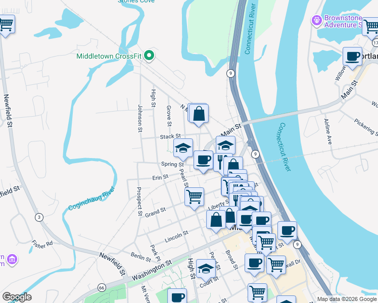 map of restaurants, bars, coffee shops, grocery stores, and more near 46 Spring Street in Middletown