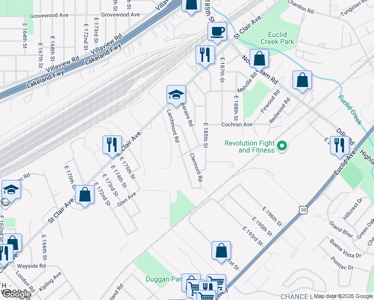 map of restaurants, bars, coffee shops, grocery stores, and more near 1486 Larchmont Road in Cleveland
