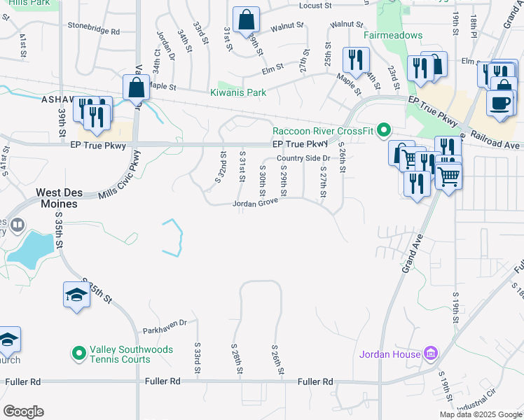 map of restaurants, bars, coffee shops, grocery stores, and more near 3000 Jordan Grove in West Des Moines