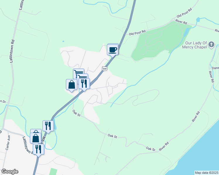 map of restaurants, bars, coffee shops, grocery stores, and more near 2101 Baldwin Lane in Newburgh