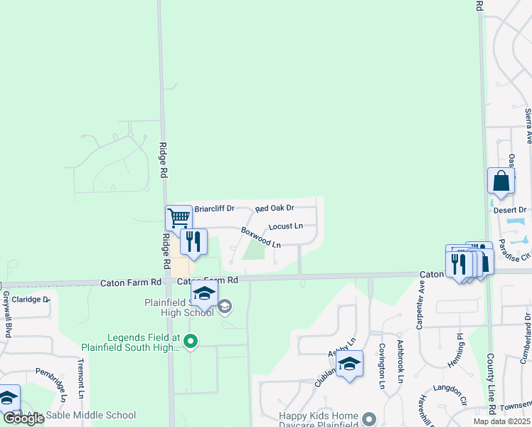 map of restaurants, bars, coffee shops, grocery stores, and more near 7606 Locust Lane in Plainfield