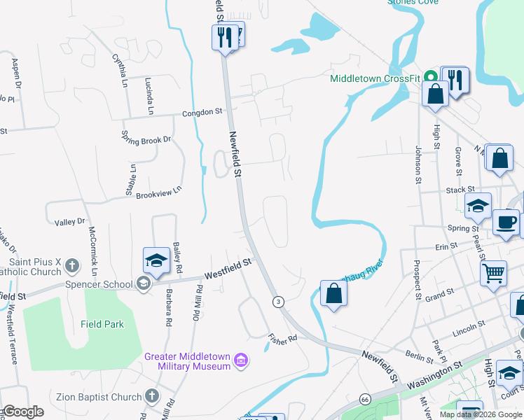 map of restaurants, bars, coffee shops, grocery stores, and more near 204 Rose Circle in Middletown