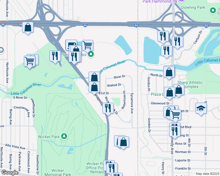 map of restaurants, bars, coffee shops, grocery stores, and more near 2406 81st Street in Highland