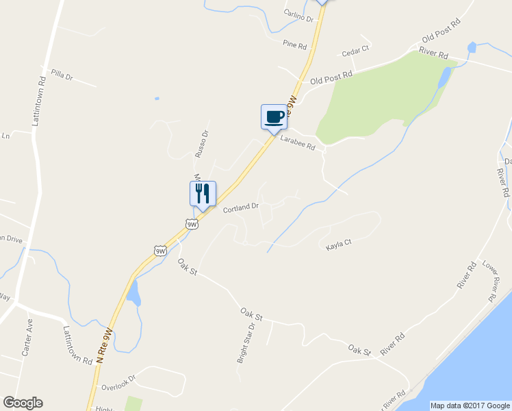 map of restaurants, bars, coffee shops, grocery stores, and more near 605 Cortland Drive in Newburgh