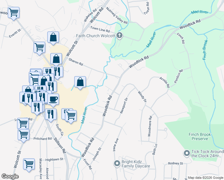 map of restaurants, bars, coffee shops, grocery stores, and more near 809 Woodtick Road in Waterbury