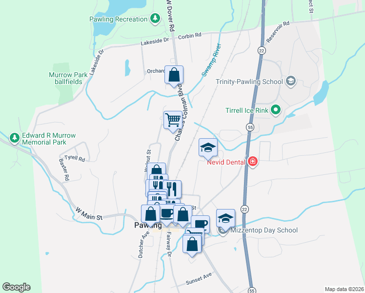 map of restaurants, bars, coffee shops, grocery stores, and more near 1 East Street in Pawling