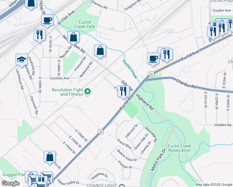 map of restaurants, bars, coffee shops, grocery stores, and more near 20001 Euclid Avenue in Euclid