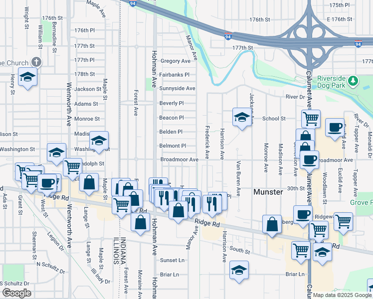 map of restaurants, bars, coffee shops, grocery stores, and more near in Munster