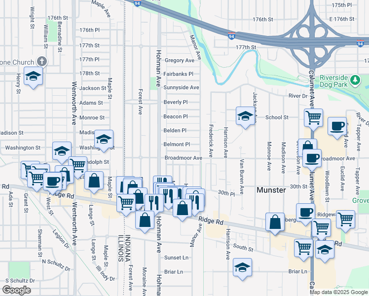 map of restaurants, bars, coffee shops, grocery stores, and more near 236 Broadmoor Avenue in Munster
