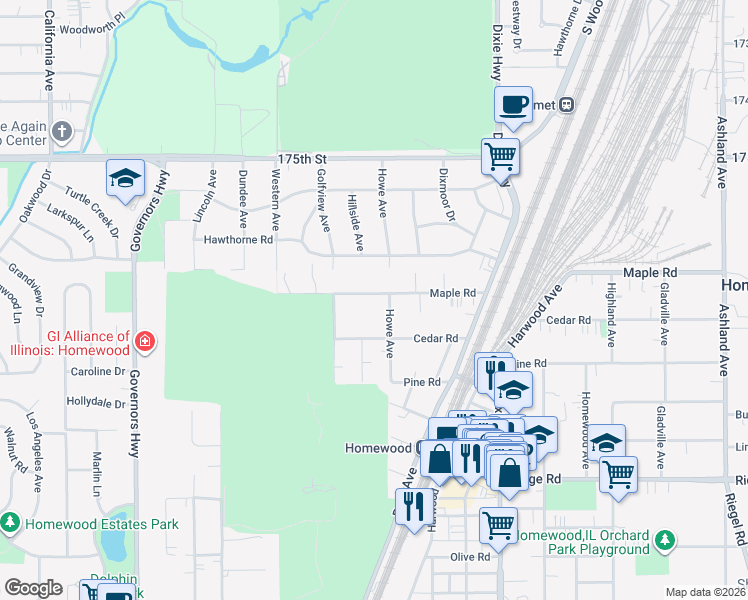 map of restaurants, bars, coffee shops, grocery stores, and more near 17756 Howe Avenue in Homewood