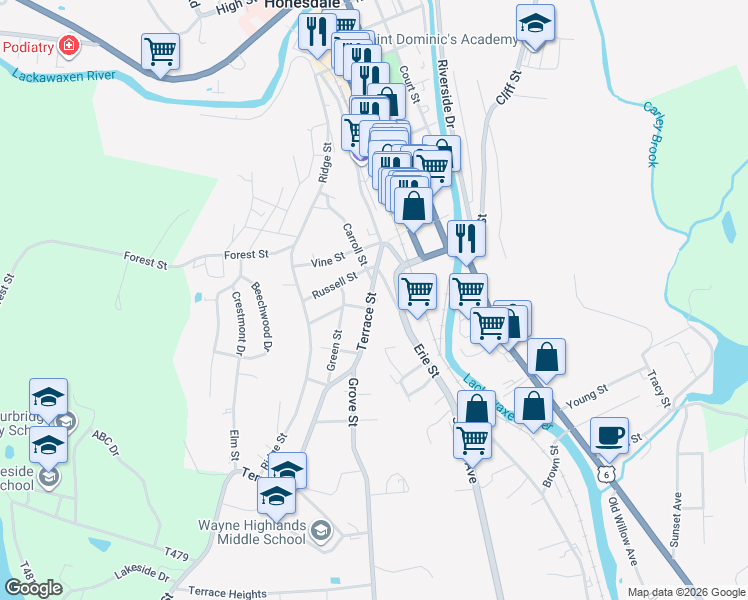 map of restaurants, bars, coffee shops, grocery stores, and more near 247A Terrace Street in Honesdale
