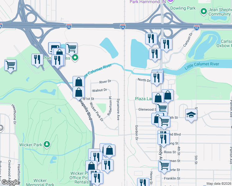map of restaurants, bars, coffee shops, grocery stores, and more near 8108 Sycamore Avenue in Highland