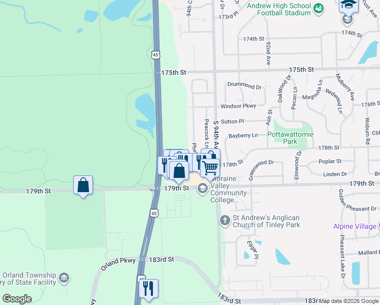 map of restaurants, bars, coffee shops, grocery stores, and more near 9440 Peacock Lane in Tinley Park