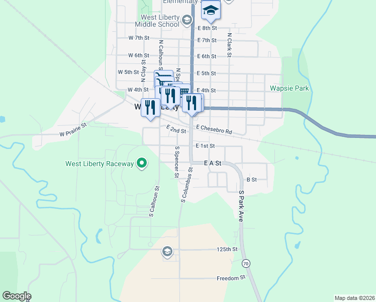 map of restaurants, bars, coffee shops, grocery stores, and more near 203 1/2 E A St in West Liberty