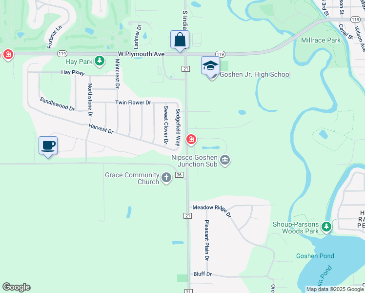 map of restaurants, bars, coffee shops, grocery stores, and more near 63835-63979 County Road 21 in Goshen