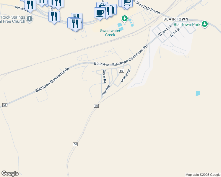 map of restaurants, bars, coffee shops, grocery stores, and more near 1660 Blair Avenue in Rock Springs