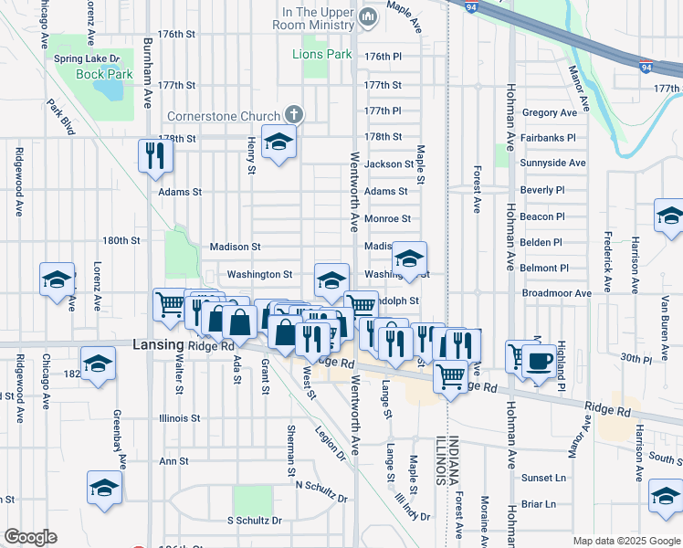 map of restaurants, bars, coffee shops, grocery stores, and more near 3594 Washington Street in Lansing