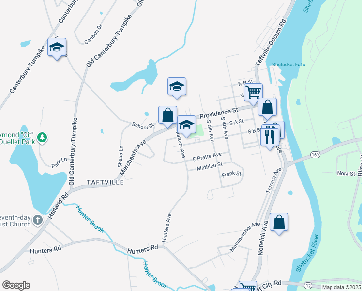 map of restaurants, bars, coffee shops, grocery stores, and more near Hunters Avenue & South B Street in Norwich