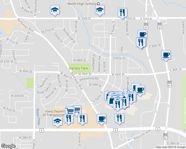 map of restaurants, bars, coffee shops, grocery stores, and more near 643 West 46th Street in Davenport