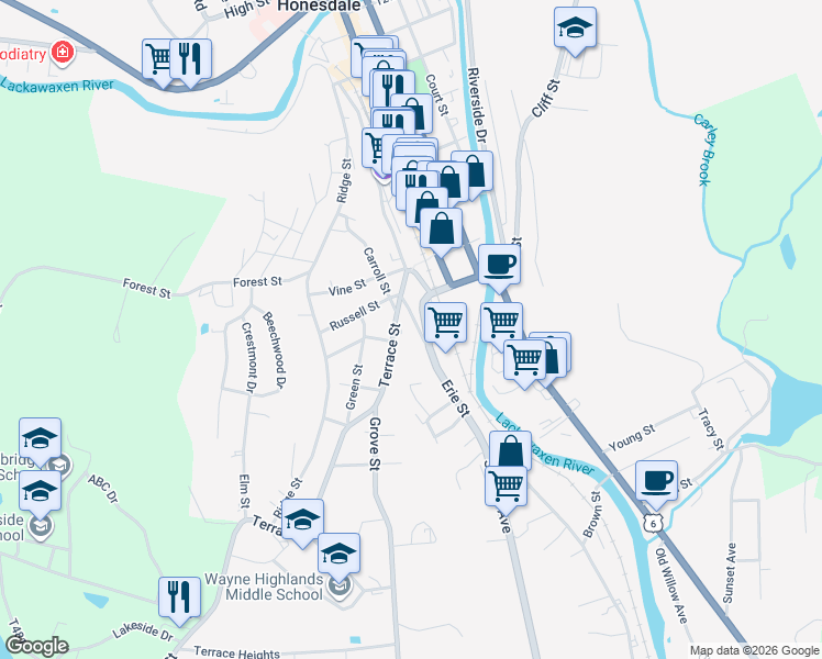 map of restaurants, bars, coffee shops, grocery stores, and more near 110 Pennsylvania 191 in Honesdale
