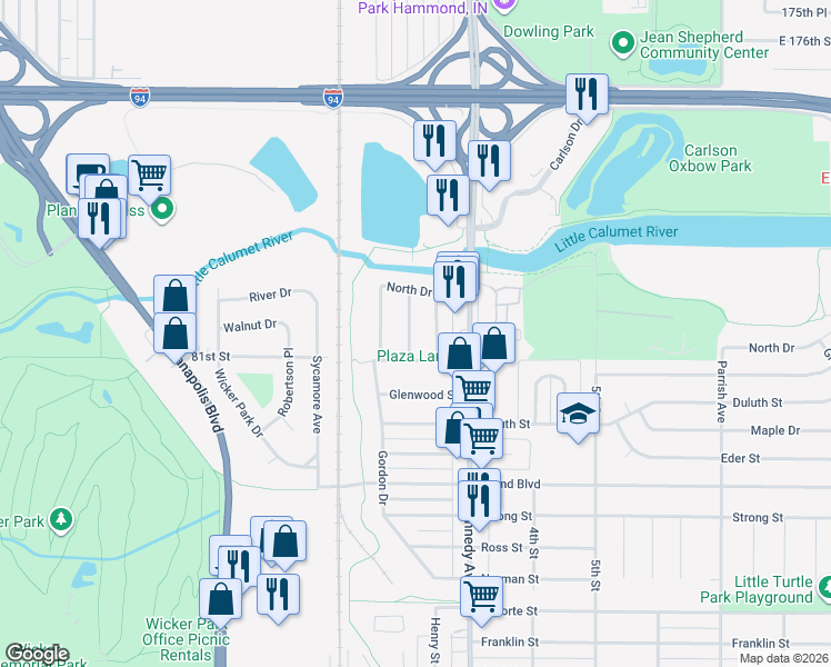 map of restaurants, bars, coffee shops, grocery stores, and more near 8001 Spruce Street in Highland