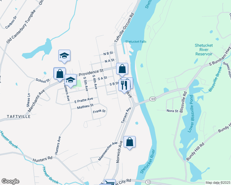 map of restaurants, bars, coffee shops, grocery stores, and more near 14 South D Street in Norwich