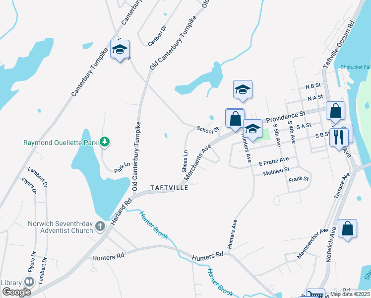 map of restaurants, bars, coffee shops, grocery stores, and more near 2 Sheas Lane in Norwich