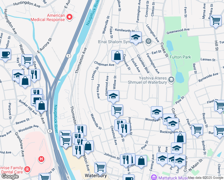 map of restaurants, bars, coffee shops, grocery stores, and more near 380 Willow Street in Waterbury