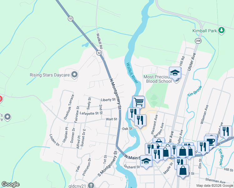 map of restaurants, bars, coffee shops, grocery stores, and more near North Montgomery Street in Walden