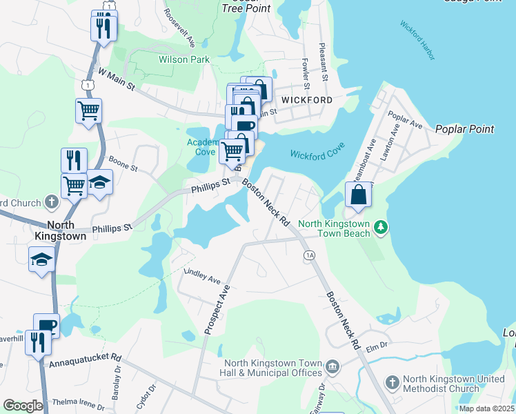 map of restaurants, bars, coffee shops, grocery stores, and more near 10 Oakland Avenue in North Kingstown