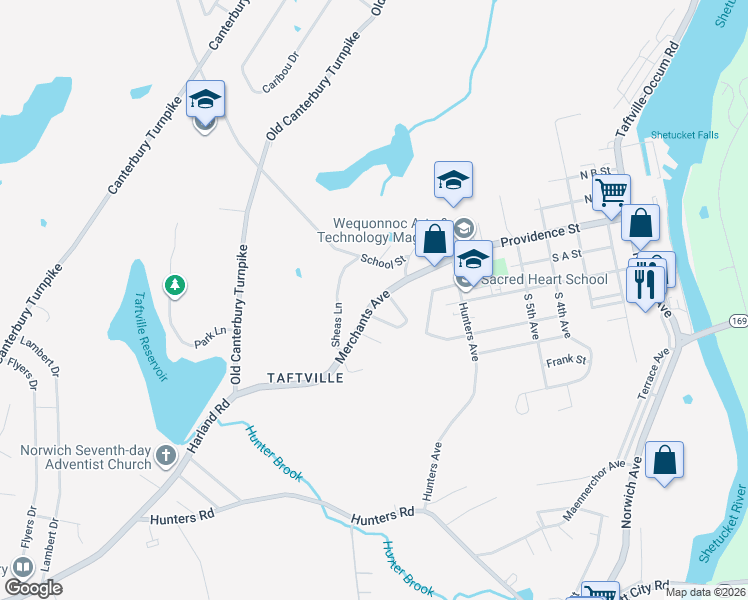map of restaurants, bars, coffee shops, grocery stores, and more near 54 Merchants Avenue in Norwich