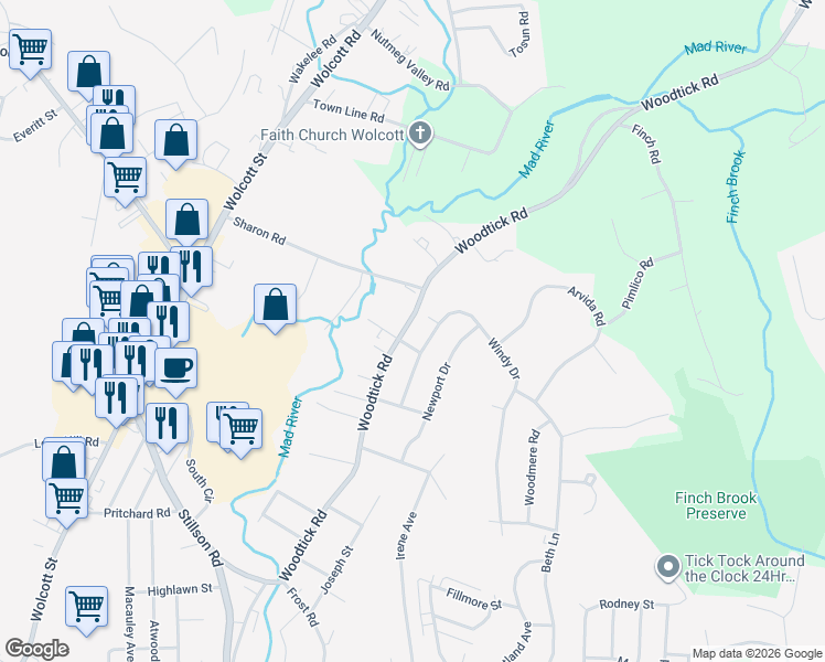 map of restaurants, bars, coffee shops, grocery stores, and more near 908 Woodtick Road in Waterbury