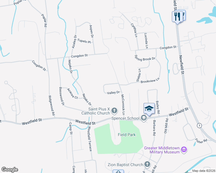 map of restaurants, bars, coffee shops, grocery stores, and more near 102 Valley Drive in Middletown