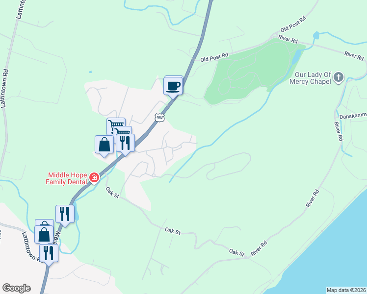 map of restaurants, bars, coffee shops, grocery stores, and more near 605 Cortland Drive in Newburgh