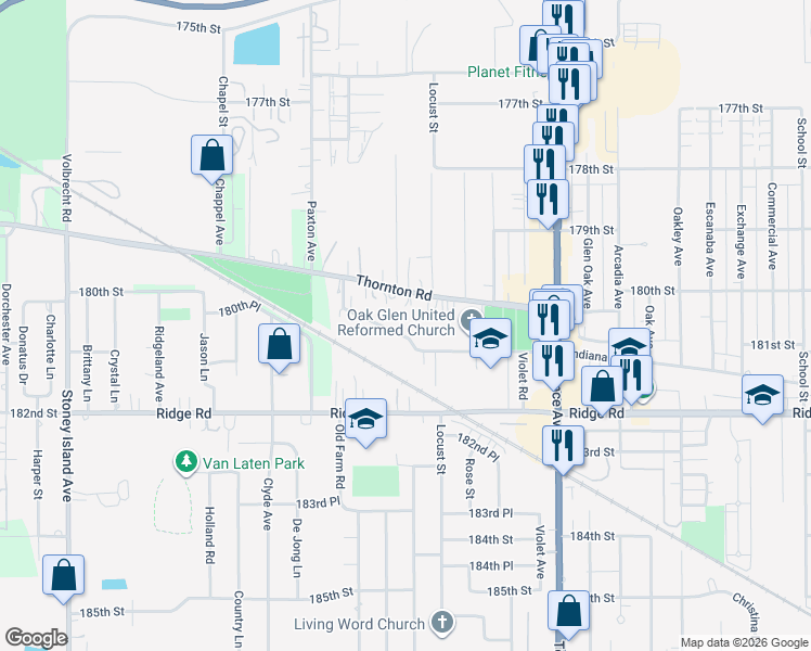 map of restaurants, bars, coffee shops, grocery stores, and more near 2019 Thornton Lansing Road in Lansing