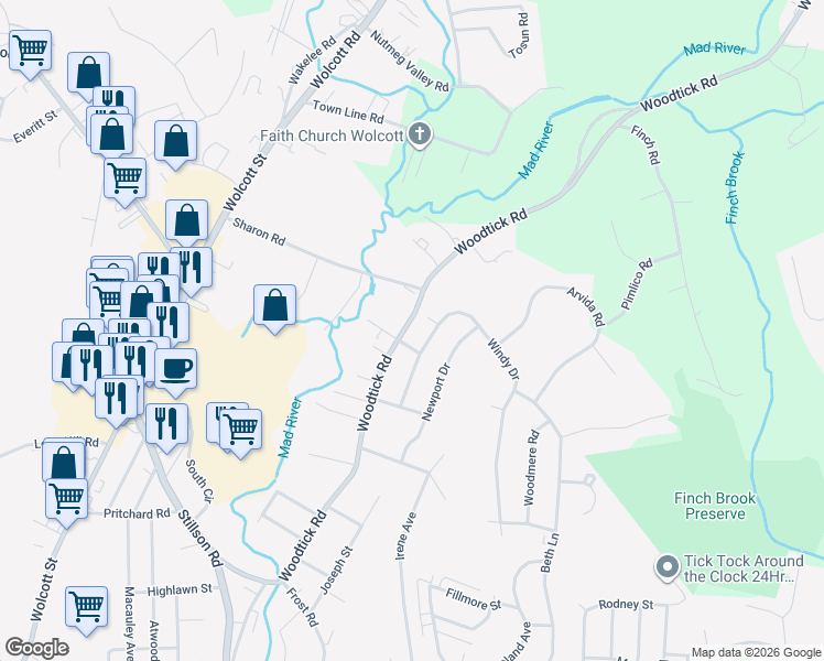 map of restaurants, bars, coffee shops, grocery stores, and more near 908 Woodtick Road in Waterbury