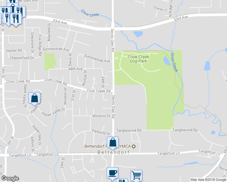 map of restaurants, bars, coffee shops, grocery stores, and more near 4598 Devils Glen Road in Bettendorf