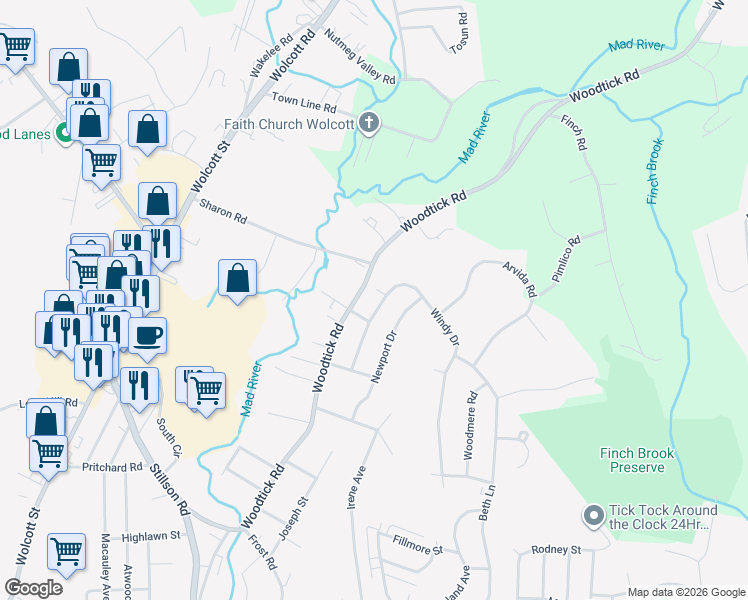 map of restaurants, bars, coffee shops, grocery stores, and more near 908 Woodtick Road in Waterbury