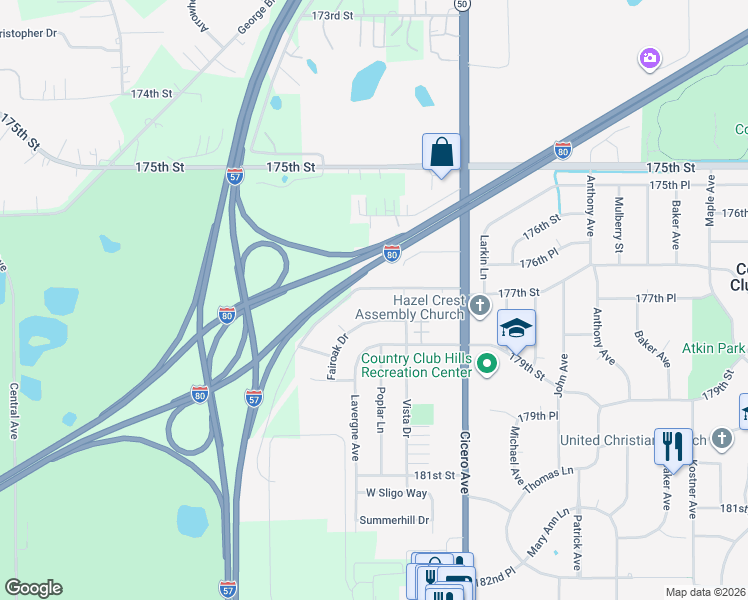 map of restaurants, bars, coffee shops, grocery stores, and more near 4904 Sunset Lane in Country Club Hills