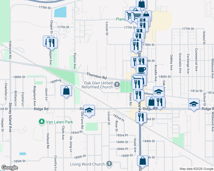 map of restaurants, bars, coffee shops, grocery stores, and more near 2201 Thornton Lansing Road in Lansing
